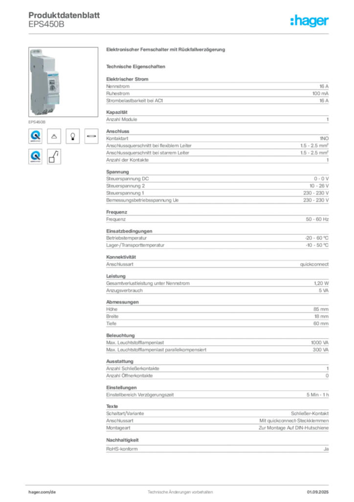 Bild Hager Produktdatenblatt EPS450B | Hager Deutschland