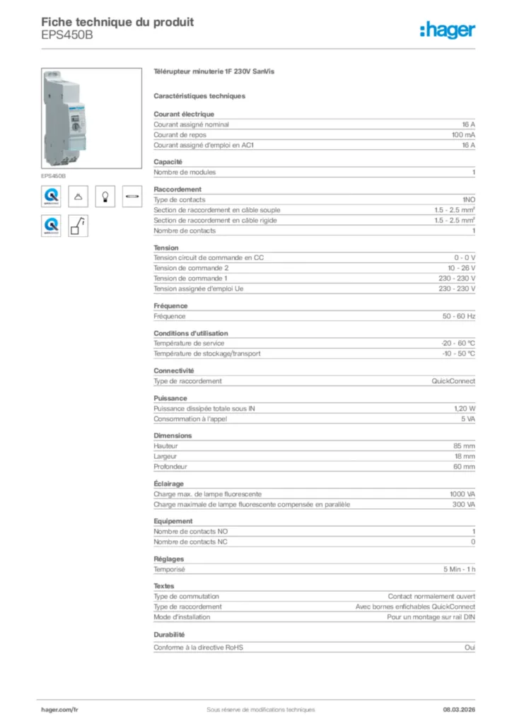 Image Hager Fiche technique du produit EPS450B | Hager France