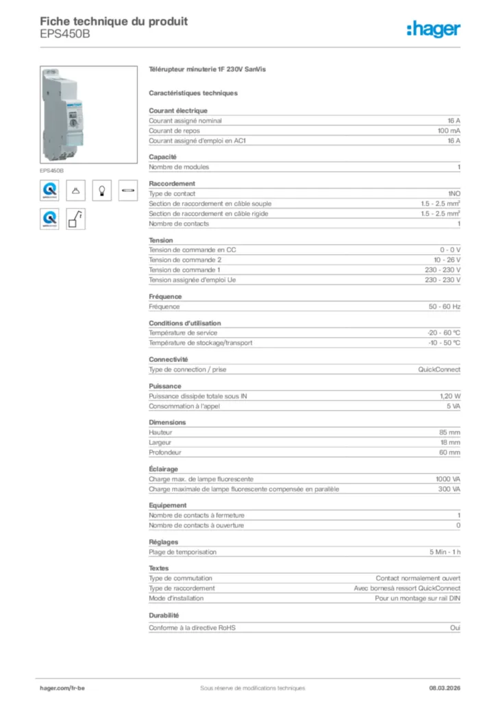 Image Hager Fiche technique du produit EPS450B | Hager Belgique
