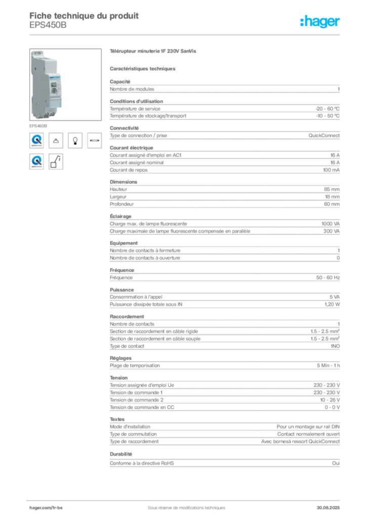 Image Hager Fiche technique du produit EPS450B | Hager Belgique