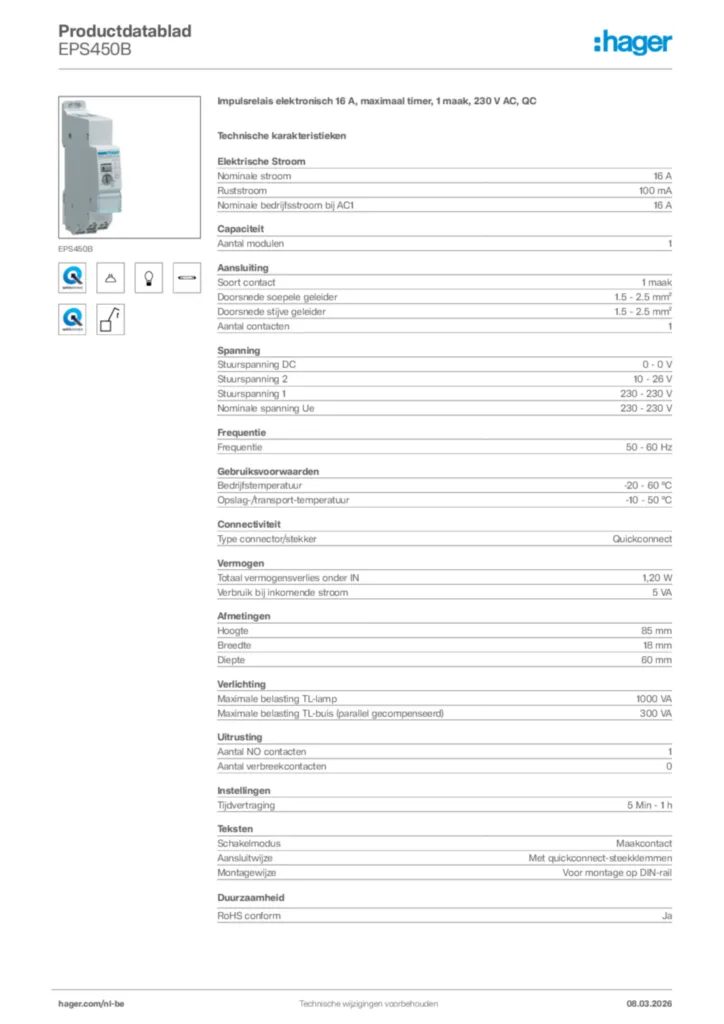 Afbeelding Hager Productdatablad EPS450B | Hager Belgium
