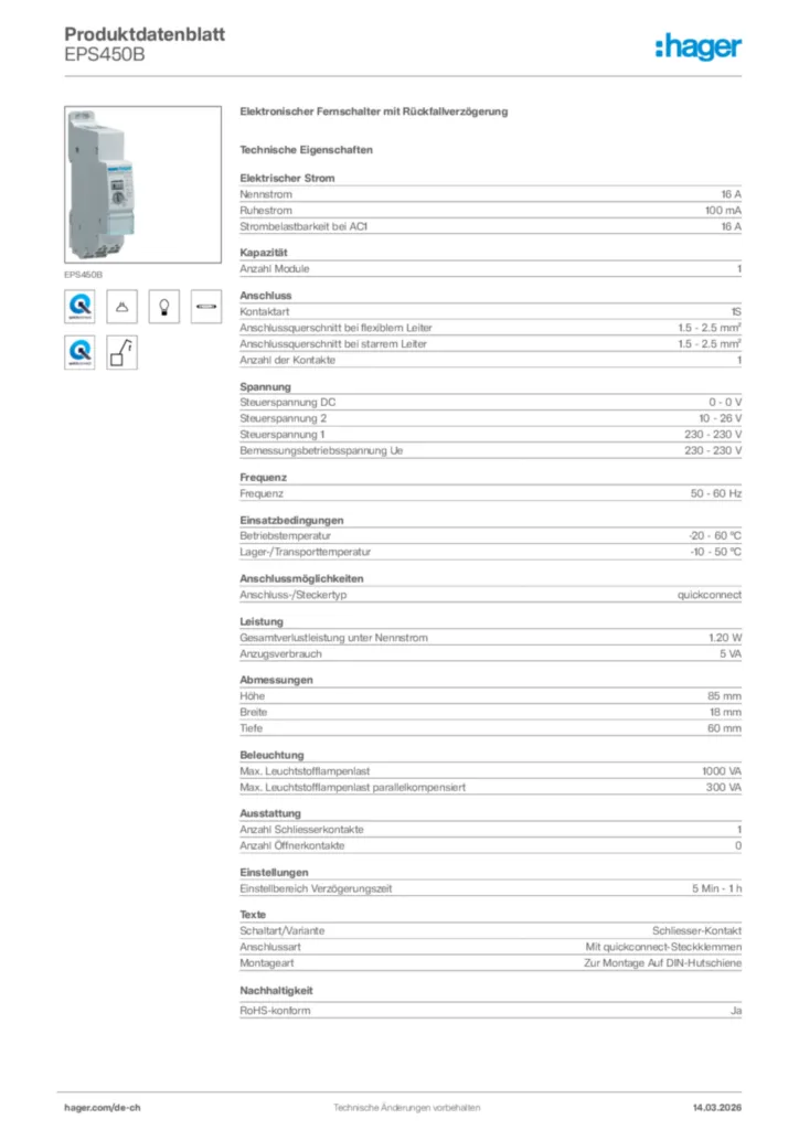 Bild Hager Produktdatenblatt EPS450B | Hager Schweiz