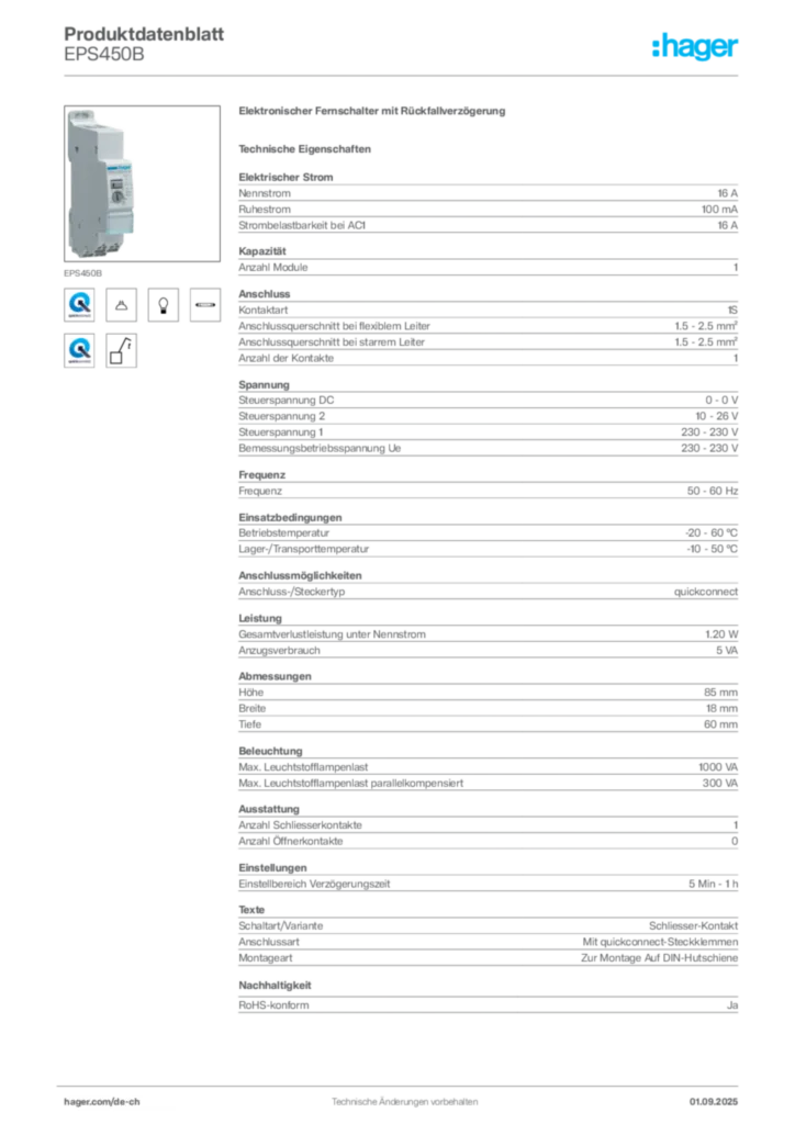 Bild Hager Produktdatenblatt EPS450B | Hager Schweiz