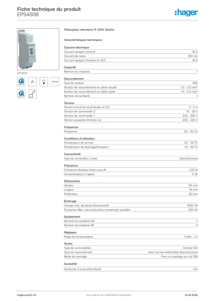 Image Hager Fiche technique du produit EPS450B | Hager Suisse