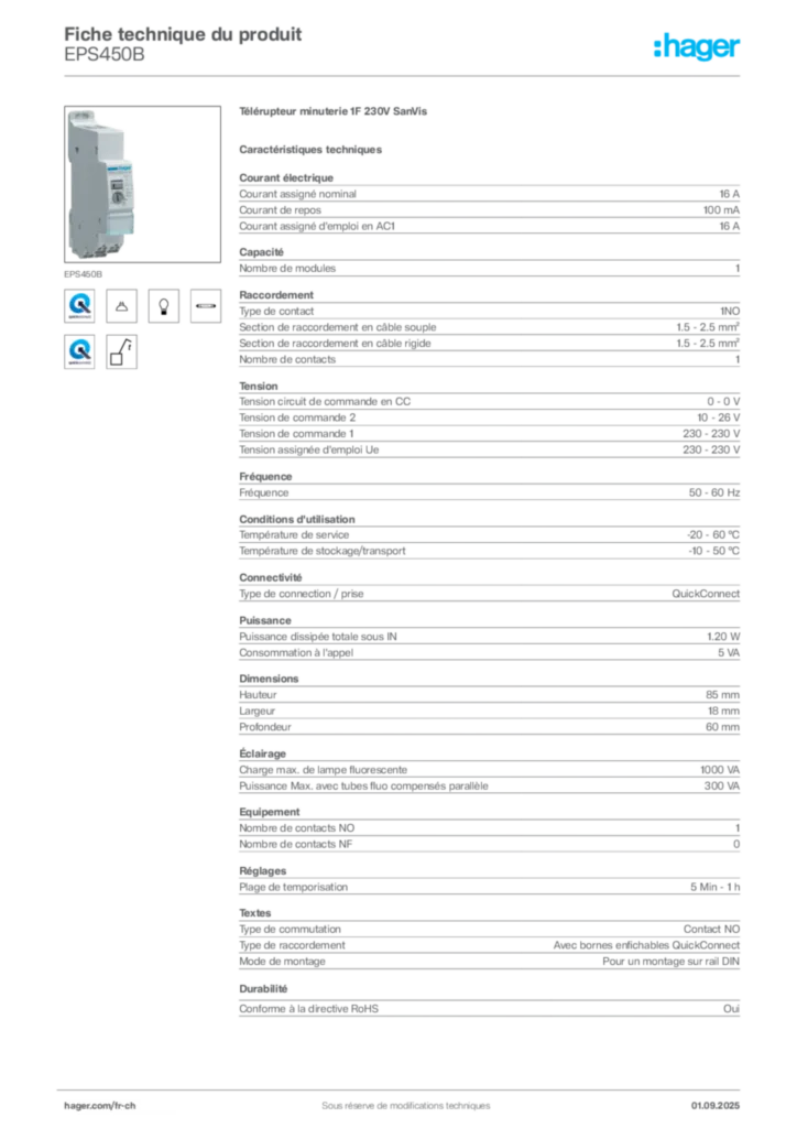 Image Hager Fiche technique du produit EPS450B | Hager Suisse