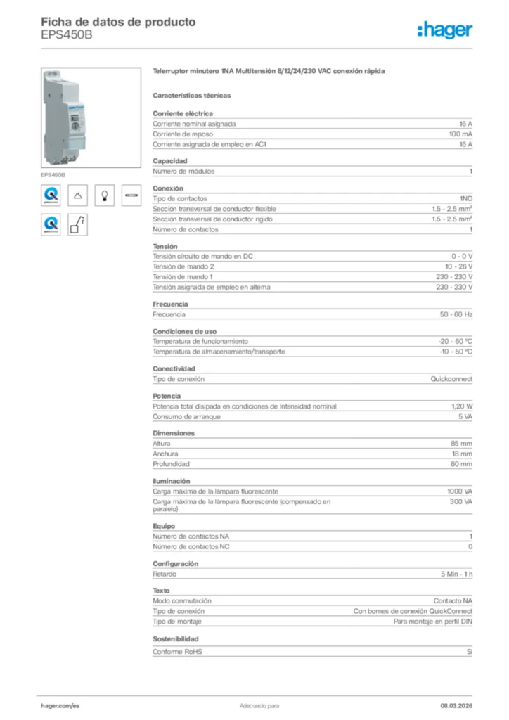 Imagen Hager Ficha de datos de producto EPS450B | Hager España