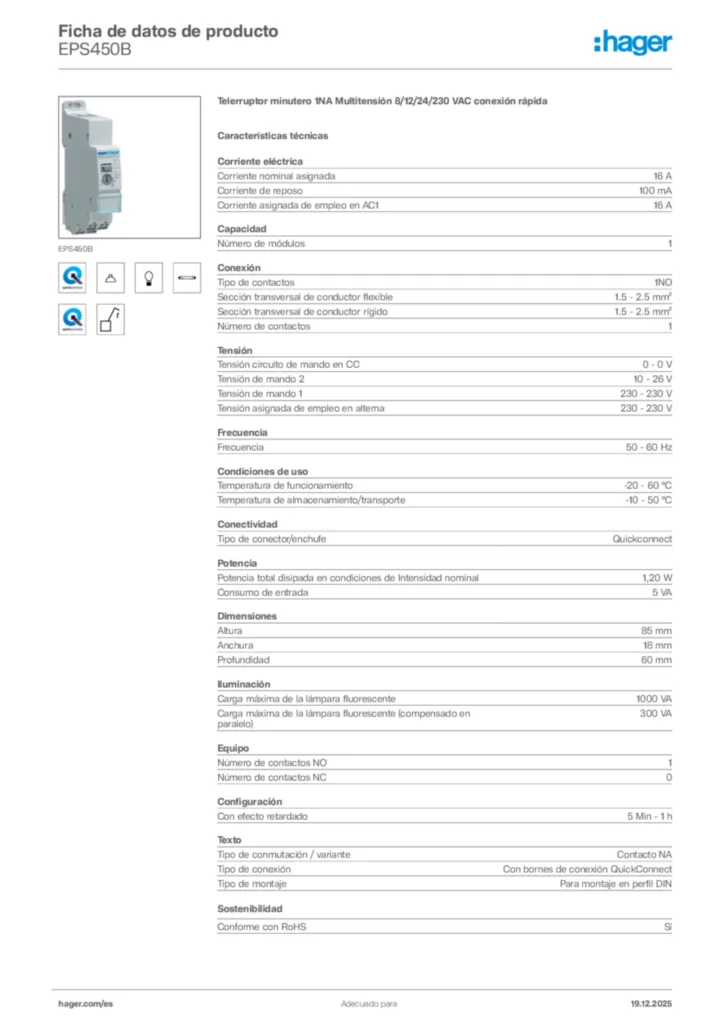 Imagen Hager Ficha de datos de producto EPS450B | Hager España