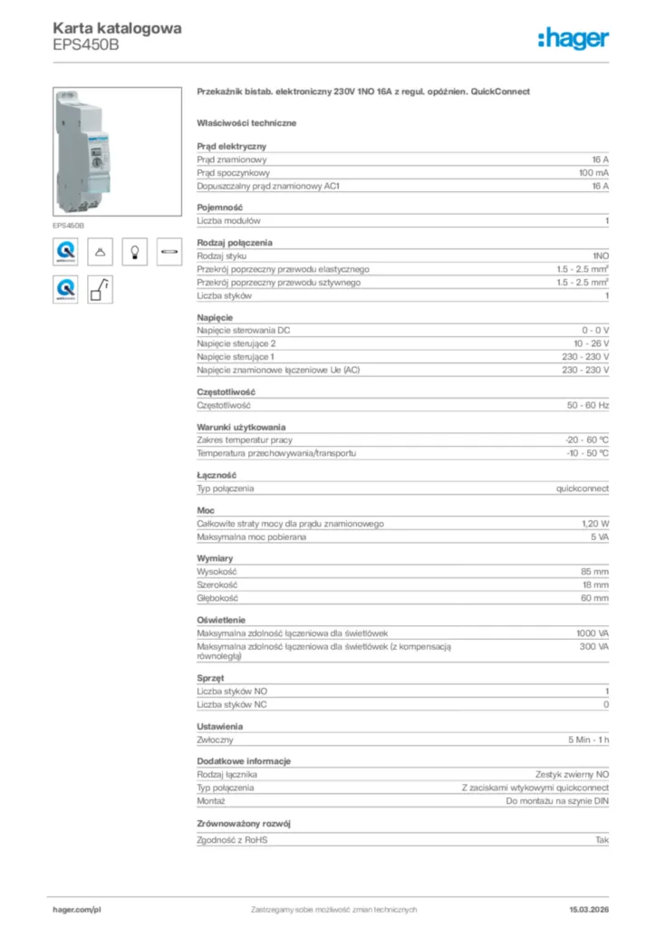 Zdjęcie Hager Karta katalogowa EPS450B | Hager Polska