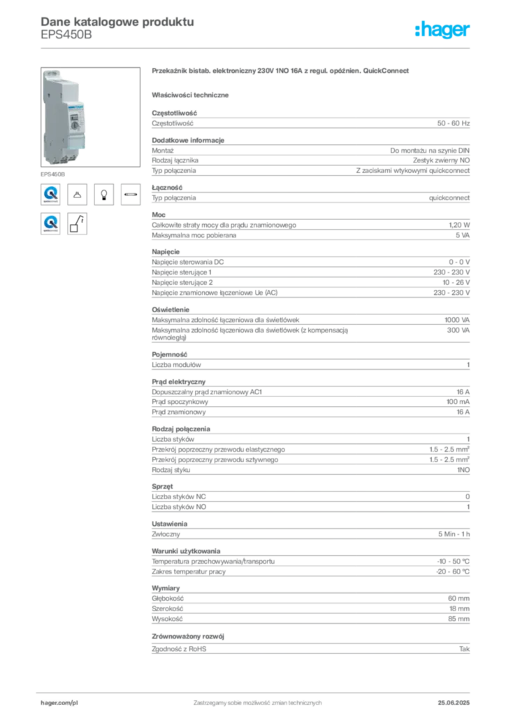 Zdjęcie Hager Karta katalogowa EPS450B | Hager Polska