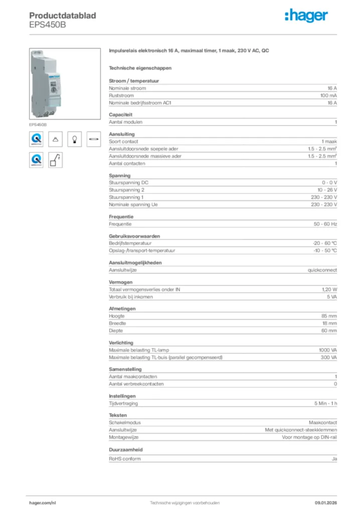 Afbeelding Hager Productdatablad EPS450B | Hager Nederland