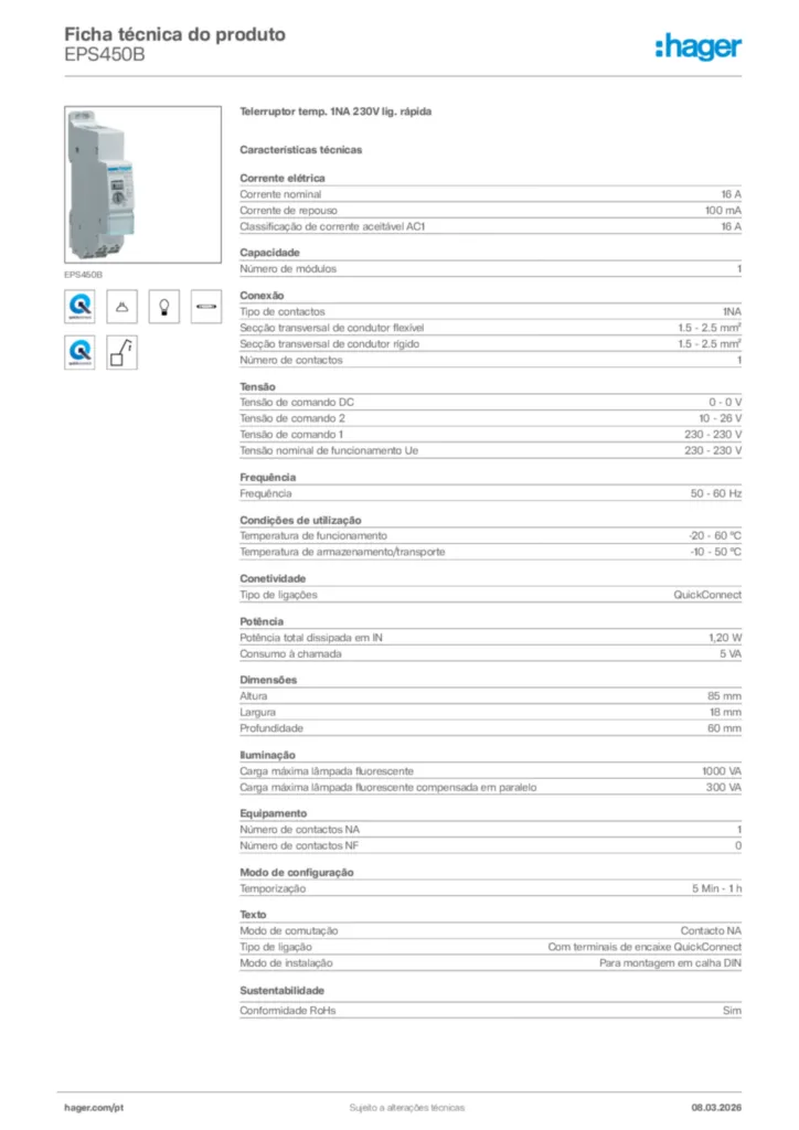Imagem Hager Ficha técnica do produto EPS450B | Hager Portugal
