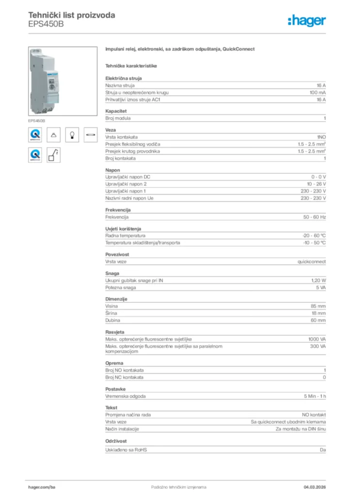 Slika Hager Tehnički list proizvoda EPS450B  | Hager