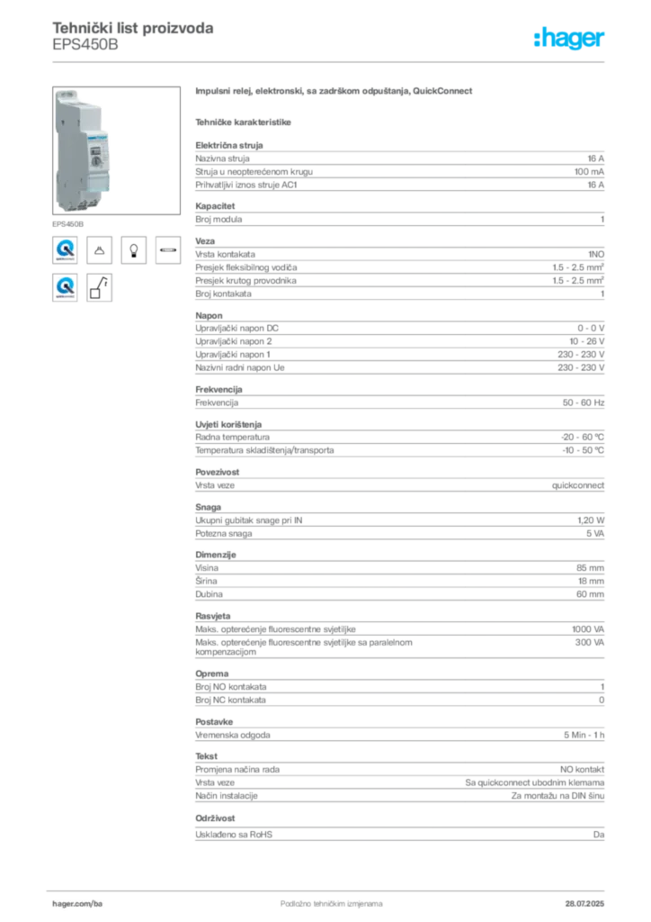 Slika Hager Product data sheet EPS450B  | Hager