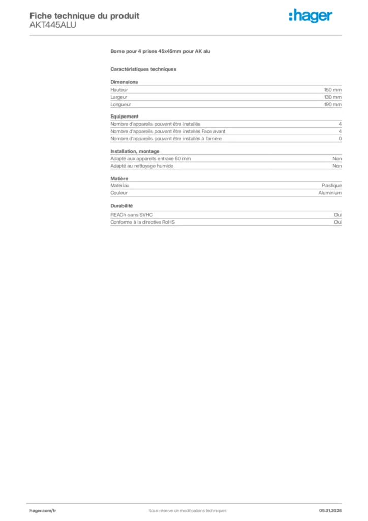 Image Hager Fiche technique du produit AKT445ALU | Hager France