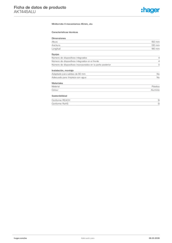 Imagen Hager Ficha de datos de producto AKT445ALU | Hager España