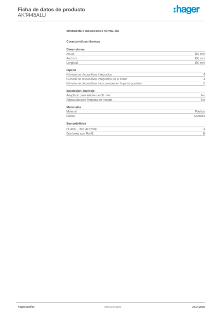 Imagen Hager Ficha de datos de producto AKT445ALU | Hager España