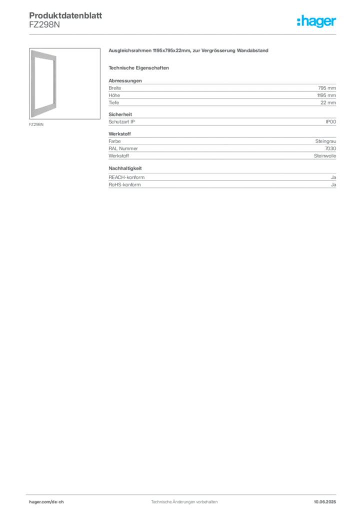 Bild Hager Produktdatenblatt FZ298N | Hager Schweiz