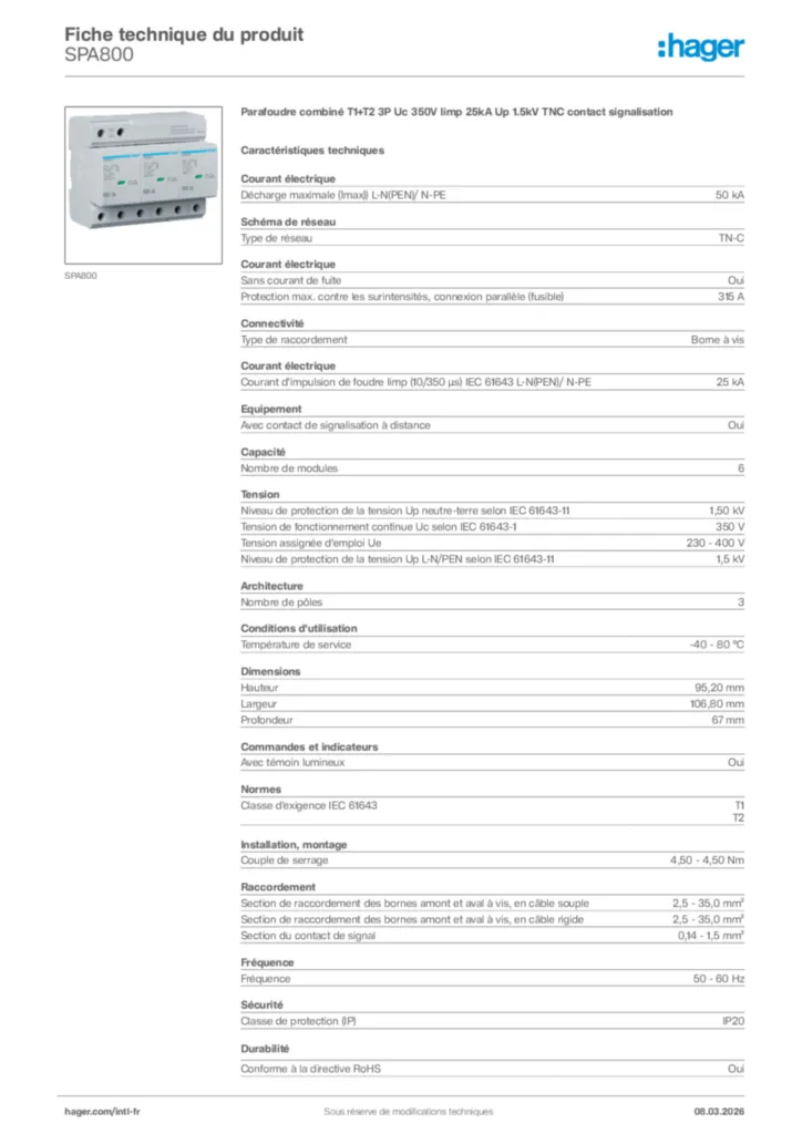 Image Hager Fiche technique du produit SPA800 | Hager Afrique