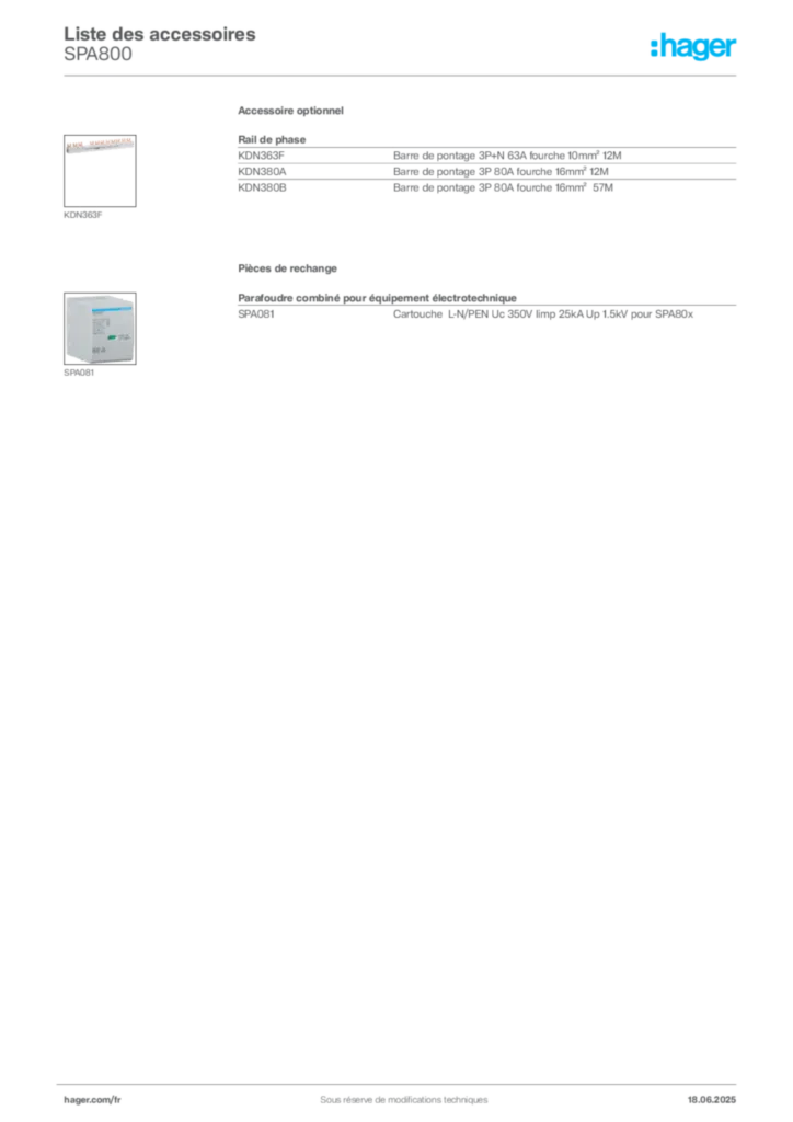 Image Hager Fiche technique du produit SPA800 | Hager France