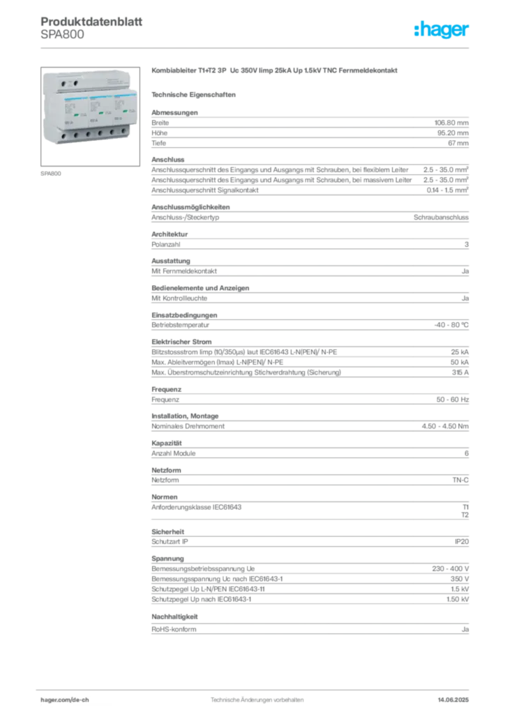 Bild Hager Produktdatenblatt SPA800 | Hager Schweiz