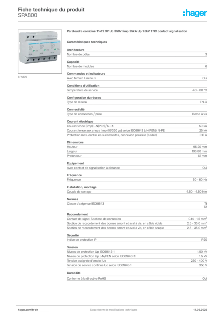 Image Hager Fiche technique du produit SPA800 | Hager Suisse