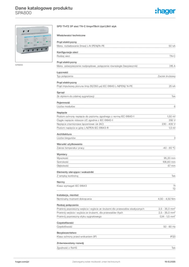 Zdjęcie Hager Karta katalogowa SPA800 | Hager Polska