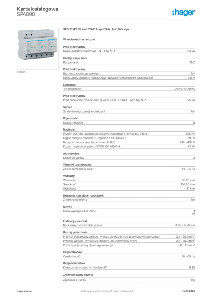 Zdjęcie Hager Karta katalogowa SPA800 | Hager Polska