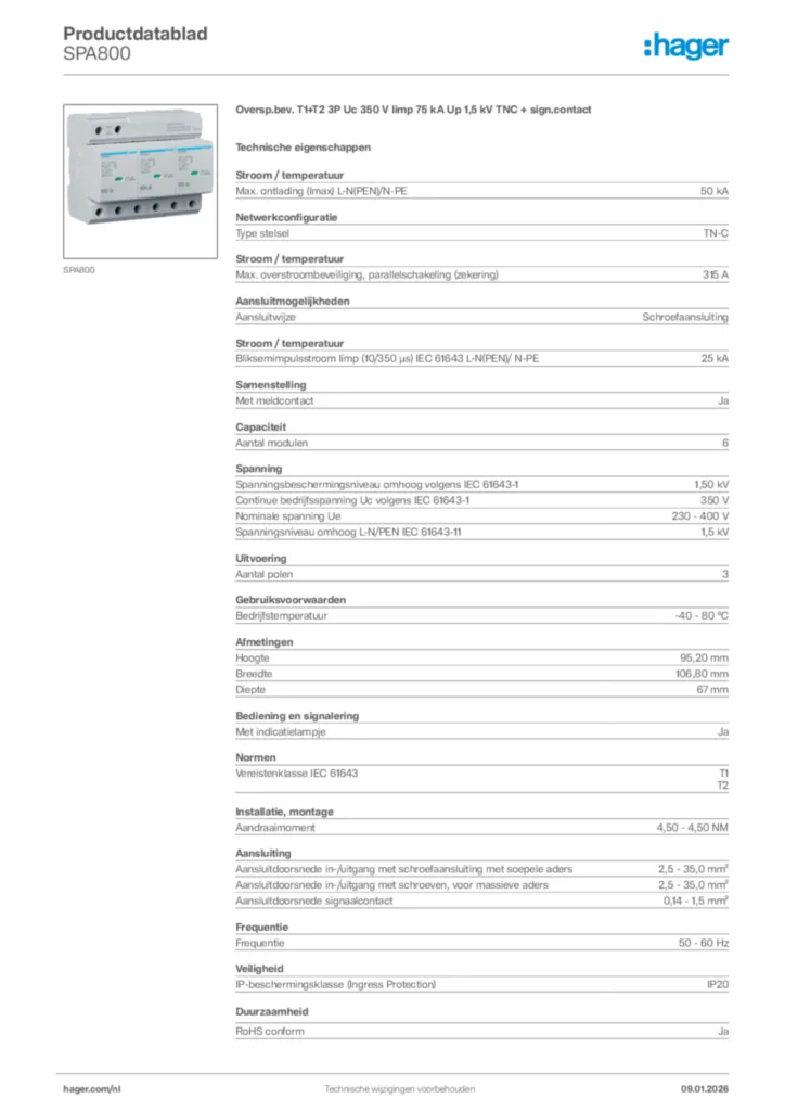 Afbeelding Hager Productdatablad SPA800 | Hager Nederland