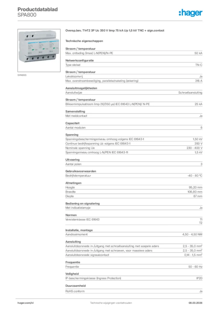 Afbeelding Hager Productdatablad SPA800 | Hager Nederland