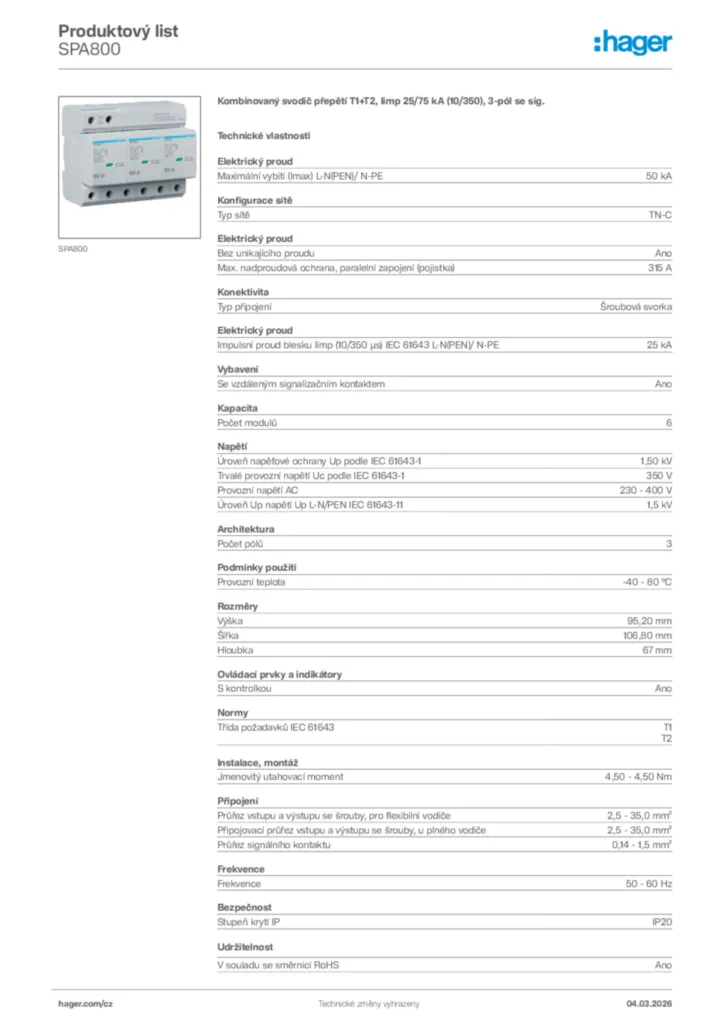 Obrázek Hager Product data sheet SPA800 | Hager