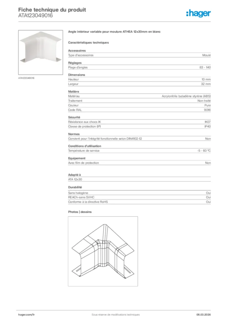 Image Hager Fiche technique du produit ATA123049016 | Hager France