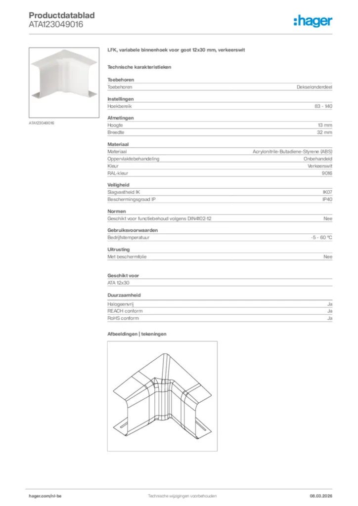 Afbeelding Hager Productdatablad ATA123049016 | Hager Belgium