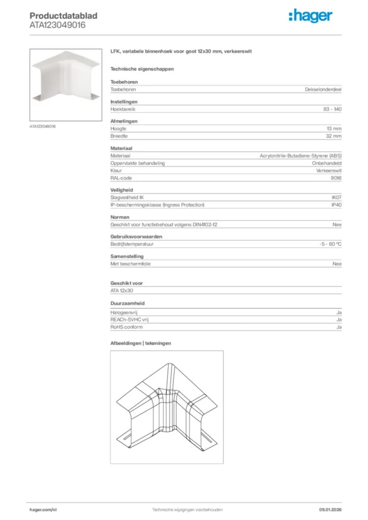 Afbeelding Hager Productdatablad ATA123049016 | Hager Nederland