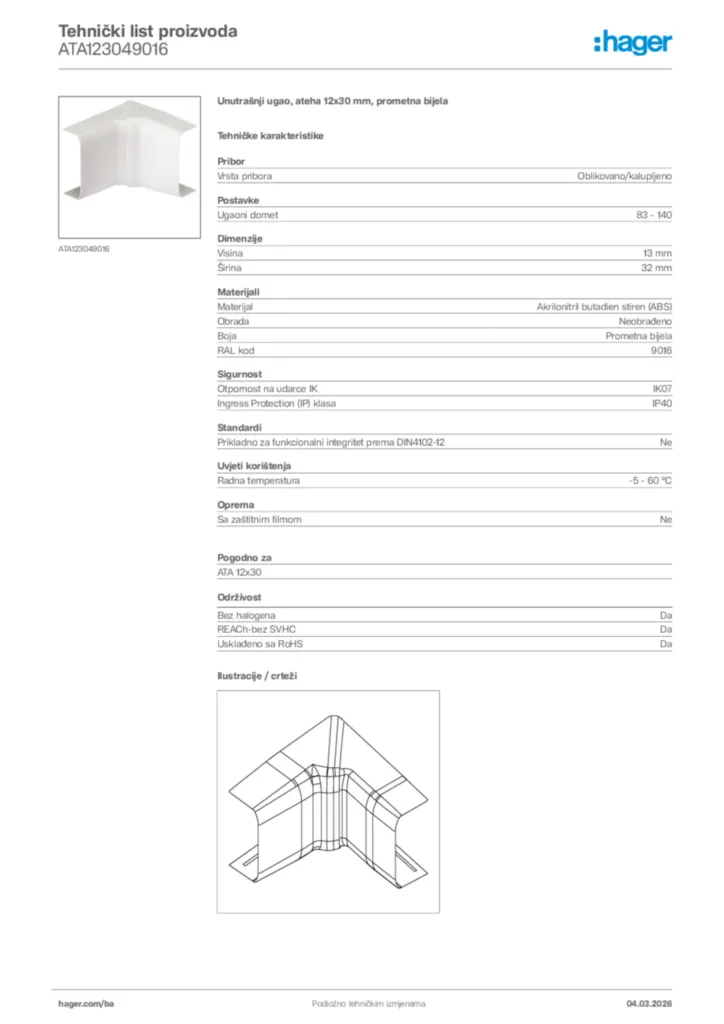 Slika Hager Tehnički list proizvoda ATA123049016  | Hager