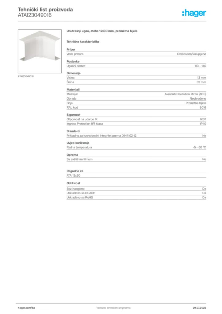 Slika Hager Product data sheet ATA123049016  | Hager