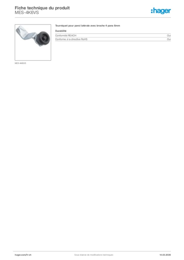Image Hager Fiche technique du produit MES-4K6VS | Hager Suisse