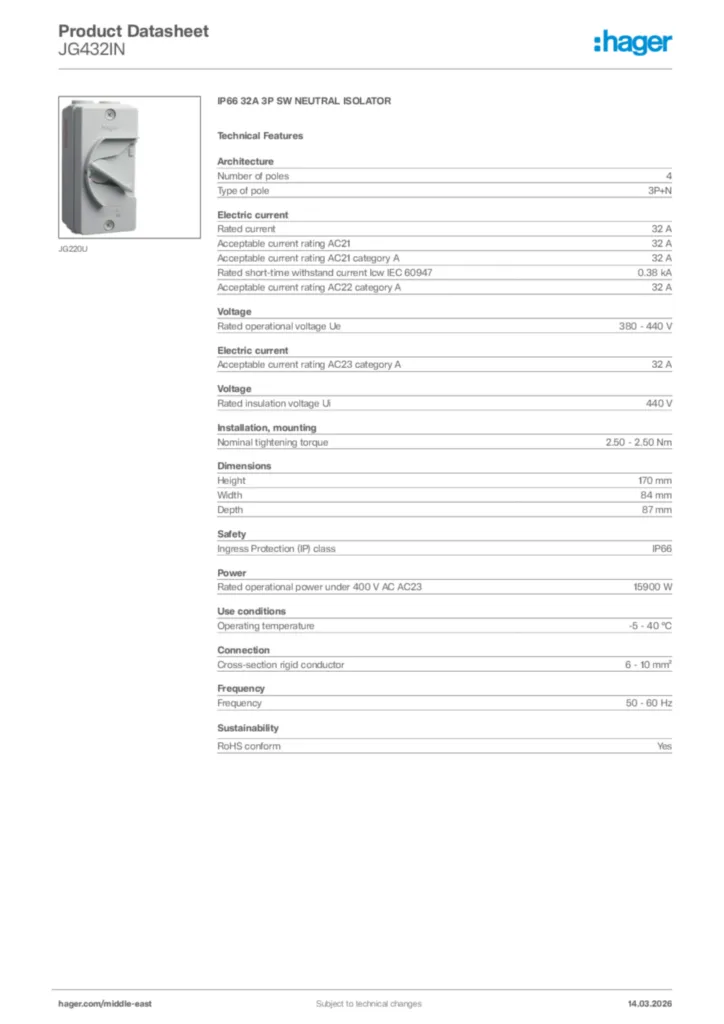 Image Hager Product data sheet JG432IN  | Hager