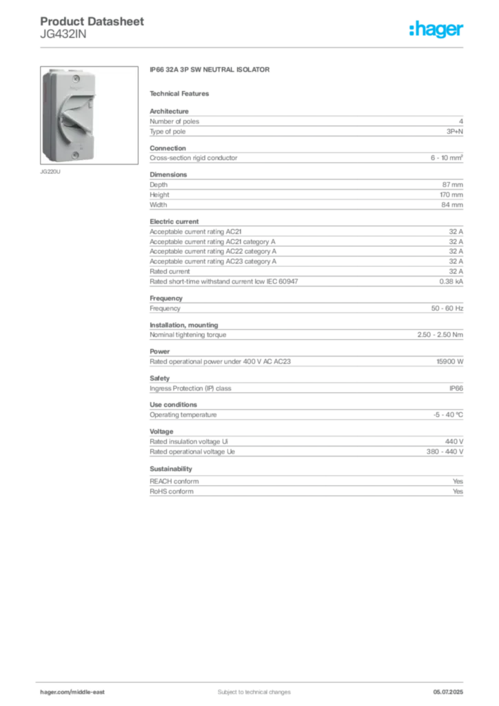 Image Hager Product data sheet JG432IN  | Hager