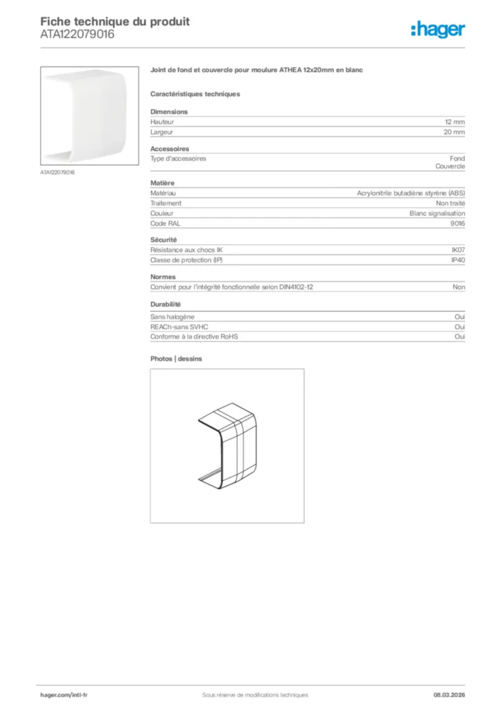 Image Hager Fiche technique du produit ATA122079016 | Hager Afrique