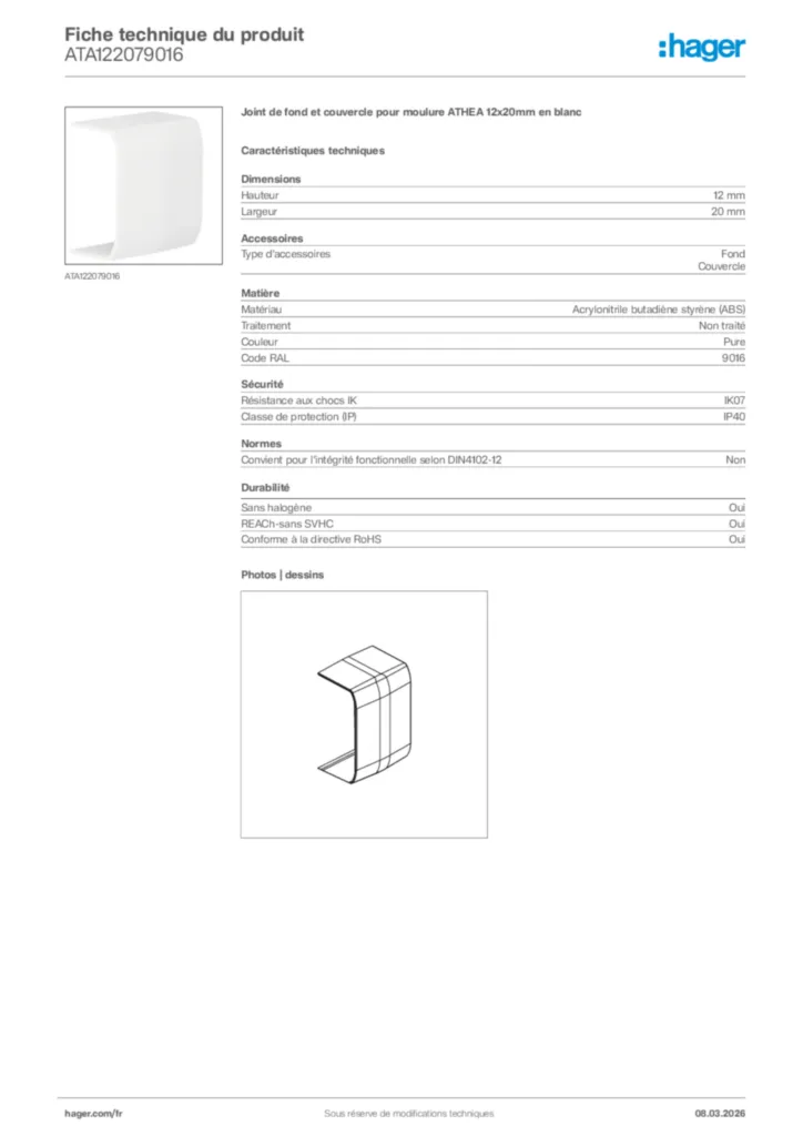 Image Hager Fiche technique du produit ATA122079016 | Hager France