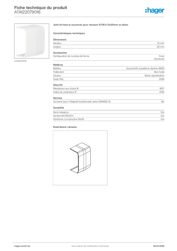 Image Hager Fiche technique du produit ATA122079016 | Hager Belgique