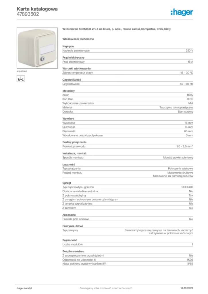 Zdjęcie Hager Karta katalogowa 47893502 | Hager Polska