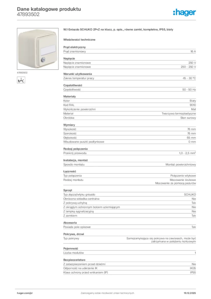 Zdjęcie Hager Karta katalogowa 47893502 | Hager Polska