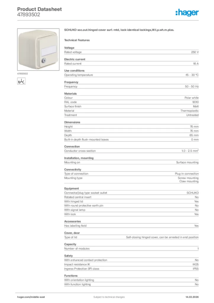 Image Hager Product data sheet 47893502  | Hager