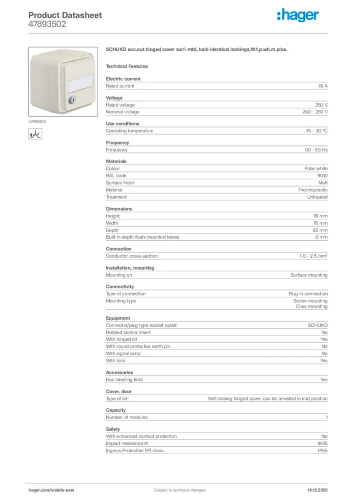 Image Hager Product data sheet 47893502  | Hager