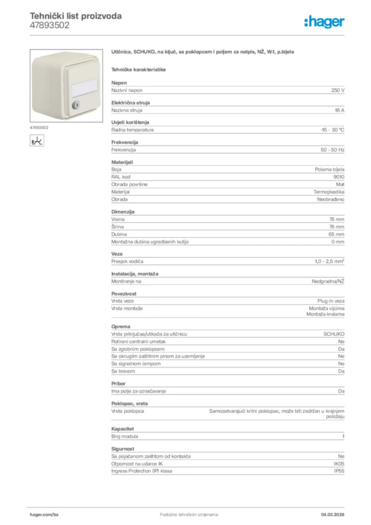 Slika Hager Tehnički list proizvoda 47893502  | Hager
