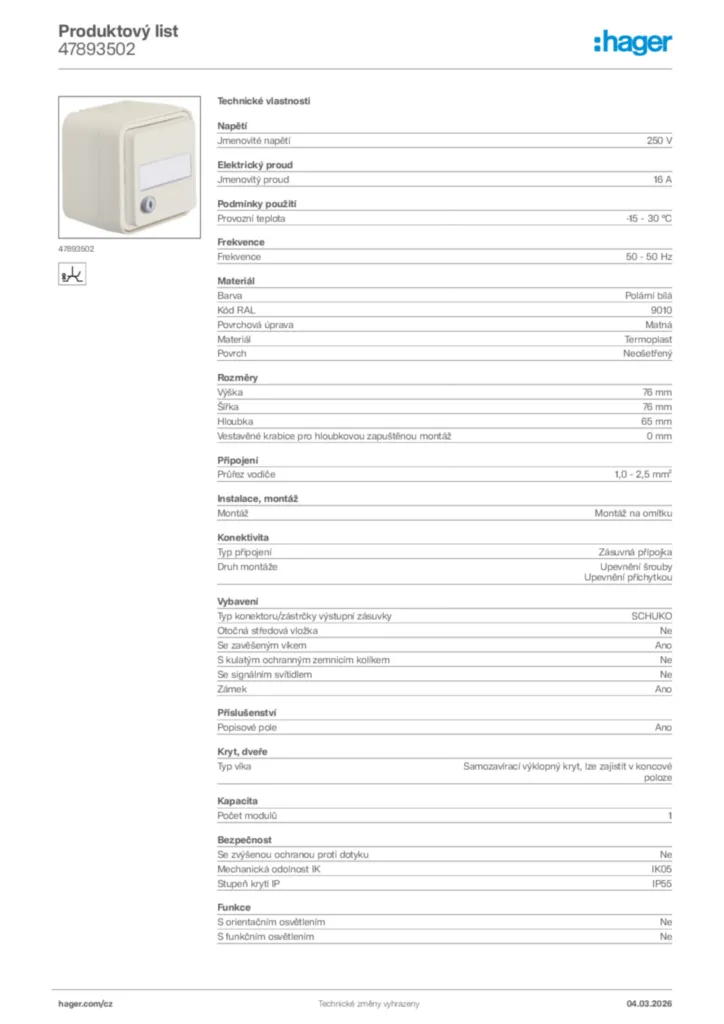 Obrázek Hager Product data sheet 47893502 | Hager