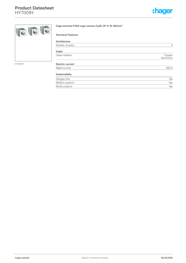 Image Hager Product data sheet HYT001H  | Hager