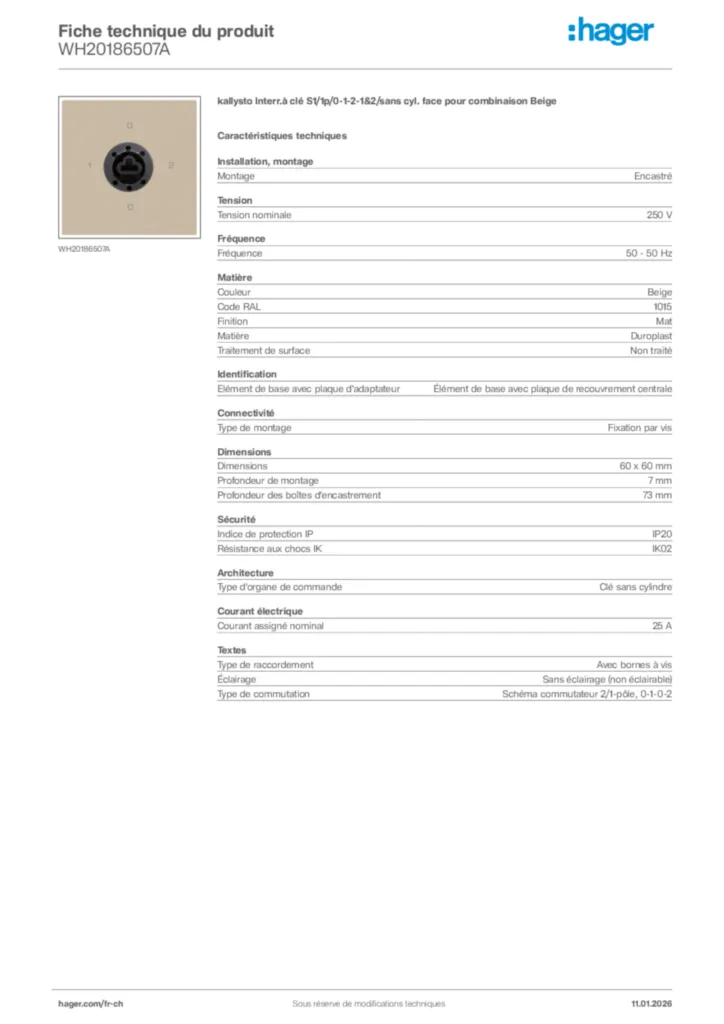 Image Hager Fiche technique du produit WH20186507A | Hager Suisse