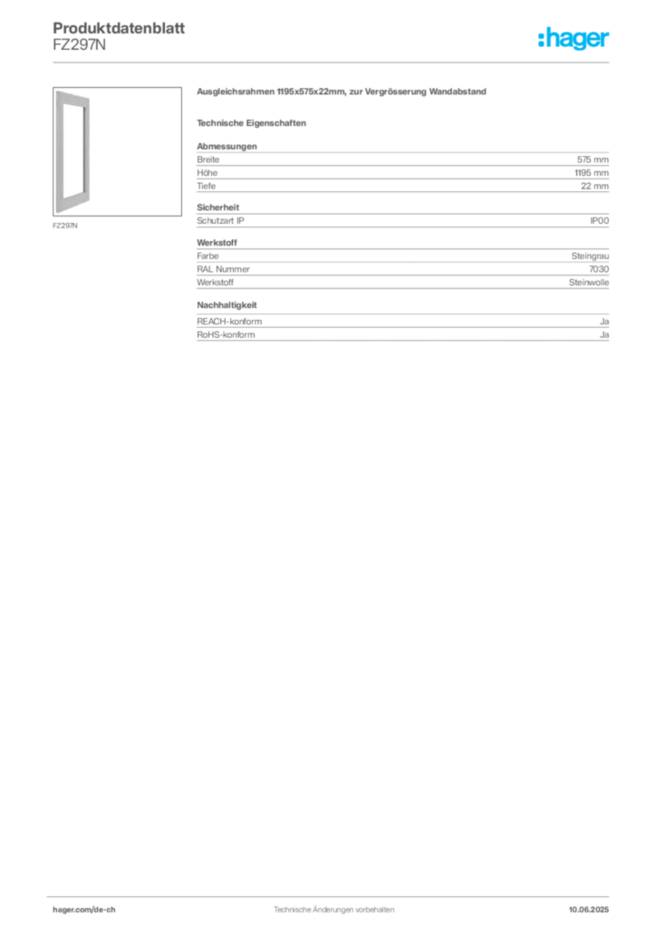 Bild Hager Produktdatenblatt FZ297N | Hager Schweiz